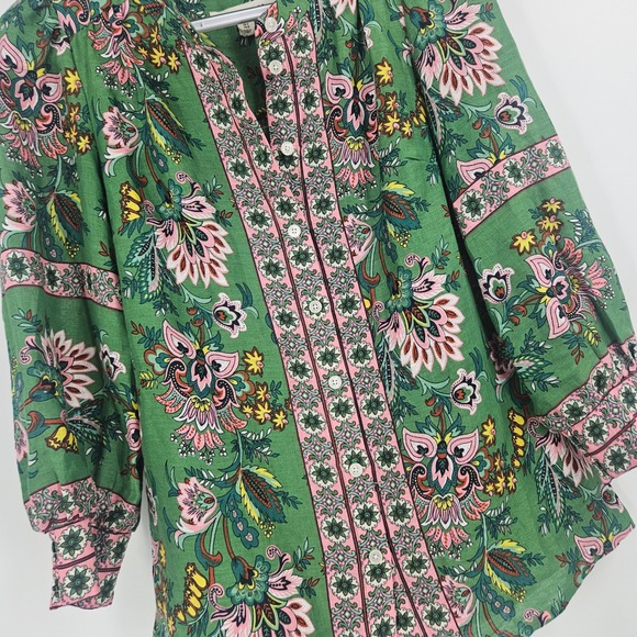 Boden Alicia Peasant Blouse Green Floral Paisley Linen Blend Puff Sleeve Size 2 - Picture 3 of 10